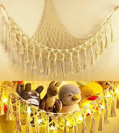 Stuffed Animal Toy Storage Hammock with LED Light - Macrame Jumbo Doll Corner Stuff Animals Organizer Decorations - Cute Hanging Plushie Net Kids Baby Nursery Bedroom Room Decor - Image 1