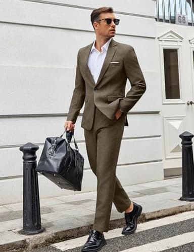 COOFANDY Men Suits Classic Fit 2 Piece Suit Set One Button Casual Blazer Wedding Bussiness Suit Separates, Brown, Medium - Image 3