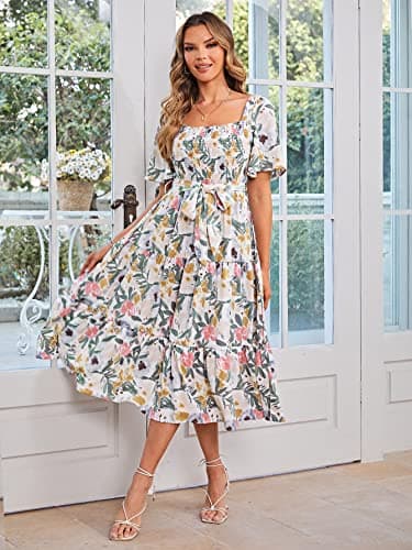 Amegoya Women's Boho Summer Floral Midi Dress Flowy Tiered Flutter Sleeve Square Neck Smocked Maternity Dress (Flower M) - Image 5