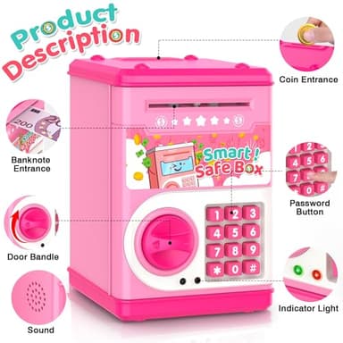 Pink Piggy Bank for Kids with Password Code Lock and Auto Grab Bill Slot, PhilaeEC Real Money Cash Coin Can Saving Box Electronic Money Safe Bank, Hot Gift for 4 7 8 9 10 11 Year Old Boys Girls - Image 3