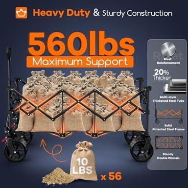 48" L Collapsible Wagon Cart Foldable, 560lbs Weight Capacity 300L Heavy Duty Folding Beach Wagons with Big All-Terrain Wheels, Utility Carts for Groceries, Shopping, Camping, Sports - Red - Image 4