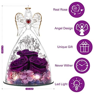 Tiaronics Mothers Day Rose Gifts for Women, Large Angel Figurines with Real Roses, Preserved Real Flower Rose for Her - Purple - Image 2
