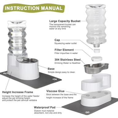 RIZZARI Large Water Dispenser for Dogs: 8L Gravity White Automatic Stainless Steel Waterer - 100% BPA Free - Raised Pet Feeder for Pet Dogs Indoor/Outdoor - Image 3
