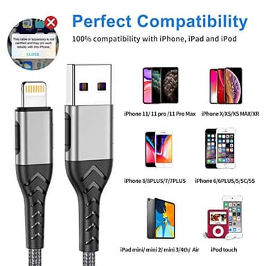 Durcord iPhone Charger, [MFi Certified] 3Pack 10FT USB A Cable for Long Lightning Charger Cable, Fast iPhone Charging Cord for iPhone Xs Max/XS/XR/X/8/7/6S/6/Plus/SE/iPad(Silver) - Image 6