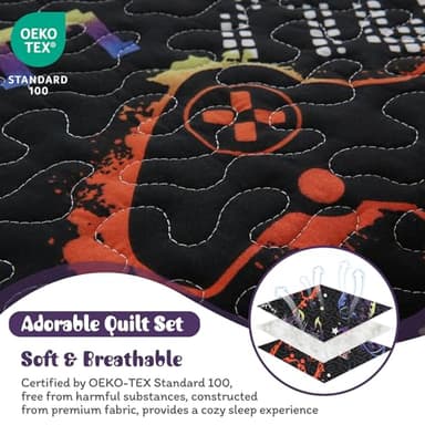 JSD Black Gaming Kids Quilt Set Full/Queen, Microfiber Printed Bedspread Coverlet with Pillow Shams, Soft Lightweight Summer Quilted Blanket - Image 6