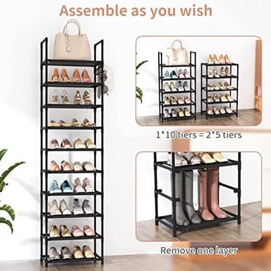 LANTEFUL 10 Tiers Tall Shoe Rack 20-25 Pairs Boots Organizer Storage Sturdy Narrow Shoe Shelf for Entryway, Closets with Hooks, Black - Image 5