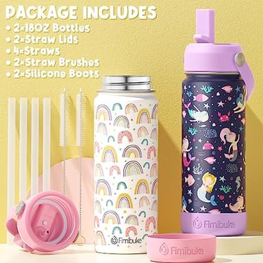 Fimibuke Kids Insulated Water Bottle, 18oz BPA FREE Kids Cup with Straw Double Wall Vacuum Tumbler 18/8 Stainless Steel Leak Proof Toddler Water Bottle for School Boys Girls (2 Pack, Rainbow/Mermaid) - Image 6