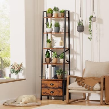 Furologee 5-Tier Ladder Shelf with 2 Drawers,Narrow Bookshelf Storage Shelves,Industrial Bookcase Freestanding Rack Units for Bedroom,Living Room,Bathroom,Home Office,Balcony,Wood Metal,Rustic Brown - Image 9