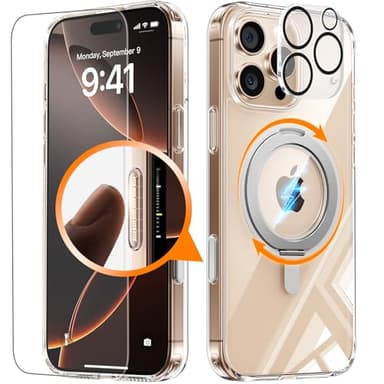 JUESHITUO 3 in 1 for iPhone 16 Pro Max Case, [with Sensitive Camera Control Capture Button] [Non-Yellowing] 360° Rotatable Magnetic Ring Stand with [Rotary Damping Sound] Phone Cover 6.9", Clear - Image 1