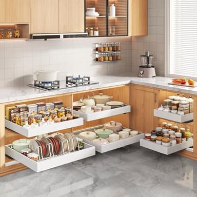 Seinloes 6 Pack Pull Out Cabinet Organizers 21" Deep With Raising Pad for Framed Cabinets, Expandable Slide Out Drawers with 4pcs Divider Racks, Roll Out Shelves, Adjustable Width 12"-20.45" White - Image 7