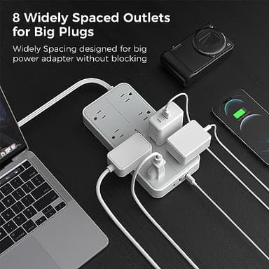 TESSAN Power Strip Surge Protector, Flat Plug Extension Cord with 8 Outlets 3 USB Charger(1 USB C), 1080 Joules Protection, Wall Mountable Charging Station for Home Office School Dorm Room Essentials - Image 2