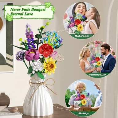 Flowers Bouquet Building Set, Botanical Collection Artificial Flower with Vase, Rose, Sunflower, Hydrangea, Jasmine for Home Decor, Plants Gifts for Mother's Day Anniversary Adults Women Girls - Image 6