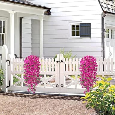 Hrobek Artificial Hanging Flowers for Outdoor, 2pcs Fake Plants Long Vine Morning Glory Eucalyptus, UV Resistant Realistic Faux Greenery Indoor Outside Patio Porch Garden Decor, Light Purple - Image 5