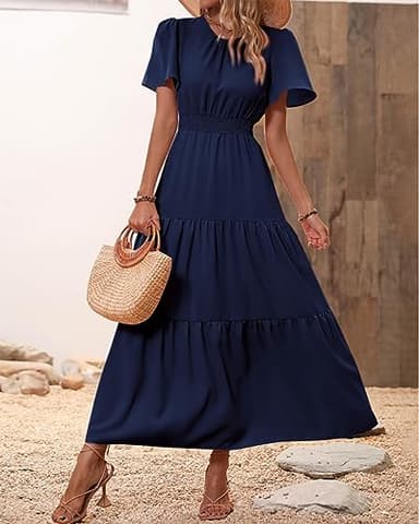 PRETTYGARDEN Women's Summer Casual Short Flutter Sleeve Round Neck Smocked Waist Tiered Boho Floral Flowy Maxi Dress(Solid Navy,Medium) - Image 8