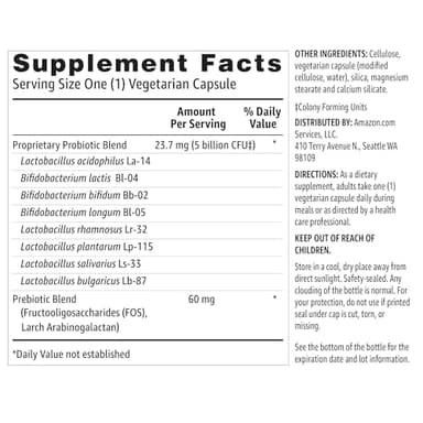 Amazon Basics - Probiotic, 5 Billion CFU, 8 Probiotic strains with 60 mg Prebiotic Blend, 60 Count Vegetarian Capsules, 2 Month Supply, Supports Healthy Digestion (Previously Solimo) - Image 5