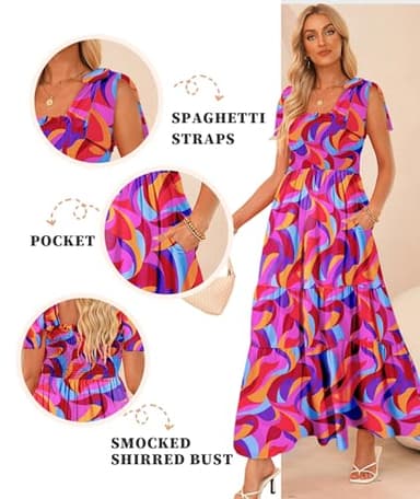 Women's Summer Maxi Dress Boho Spaghetti Straps Casual Long A-line Smocked Beach Dress Square Neck Flowy Sun Dresses Green Colorful XL - Image 3