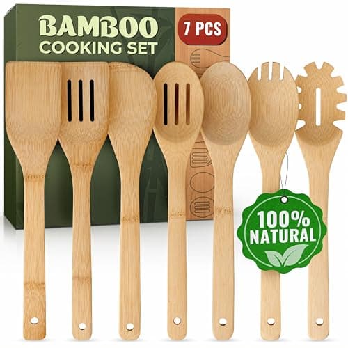 Wooden Utensil Set, Bamboo Utensils – 7 PCs Wood Spoons for Cooking, Easy to Clean, Sturdy, Lightweight & Heat Resistant - Image 1