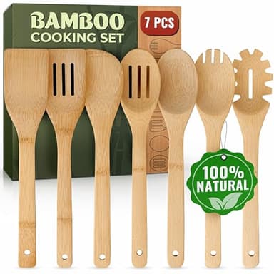 Wooden Utensil Set, Bamboo Utensils – 7 PCs Wood Spoons for Cooking, Easy to Clean, Sturdy, Lightweight & Heat Resistant - Image 1