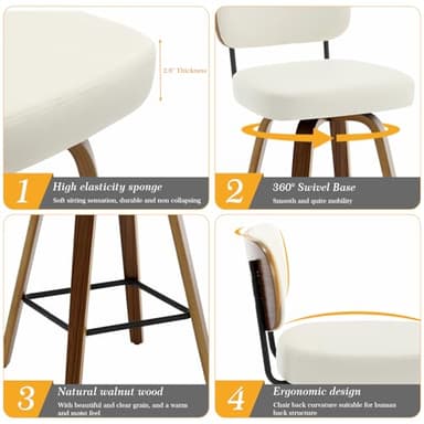 Bekrvio Swivel Counter Height Bar Stools Set of 4, 26" Upholstered Faux Leather Barstools with Back and Bent Wood Legs, Mid Century Modern Bar Chair Island Stool for Kitchen Counter, Cream White - Image 3