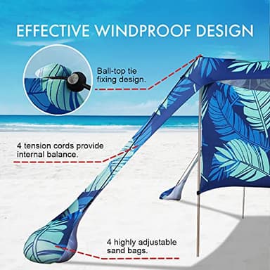 Beach Canopy Tent Shade with Sidewalls 10x10FT, 6.6FT Tall, UPF50+ Sun Shelter, Windproof & Water Resistant, Includes Guylines Sand Shovel Stability Poles, Easy Up for Beach Outdoor Camping Backyard - Image 3