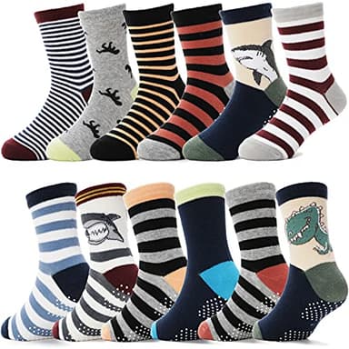 ANTSANG Baby Boys Grips Socks Kids Toddlers Infants Non Slip/Anti Skid Crew Cotton Socks 12 Pairs (Brown Striped(12 Pairs),5-8 Y) - Image 1