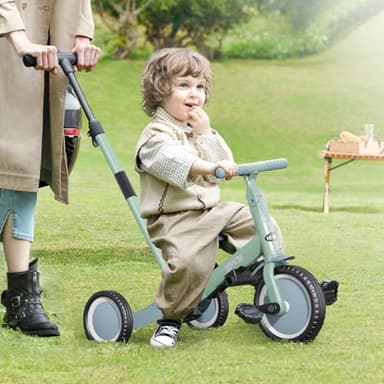 newyoo Toddler Tricycle with Push Handle for 1-3 Year Old, Toddler Bike, Birthday Gifts and Toys for Boys and Girls, 5 in 1 Kids Trike, Convert to Baby Balance Bike, Green, TR007 - Image 5