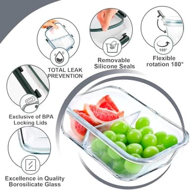 VERONES 5 Pack Glass Meal Prep Containers 2 Compartment Set, 36OZ Airtight Glass Lunch Containers, Glass Food Storage Containers with Lids, for Microwave, Oven, Freezer & Dishwasher Friendly,Grey - Image 3