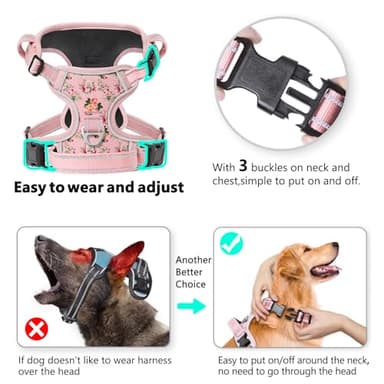 Timos No Pull Dog Harness,NO Need Go Over Dogs Head 3 Snap Buckles Reflective Oxford No Choke Harness with Front & Back 2 Metal Leash Clips Soft Padded for Small Medium Large Dogs Pink S - Image 2