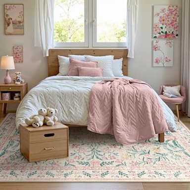 Wonnitar Washable Area Rug 6x9, Pink Floral Rugs for Bedroom Girls Soft Living Room Carpet Ultra-Thin, Boho Non Slip Non-Shedding Pastel Nursery Carpet for Kids Room Playroom Dorm - Image 2