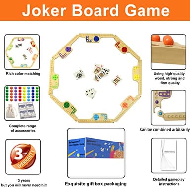 Grhonior Marbles and Jokers Board Game Pegs and Jokers Real Solid Wood (Pine) Game Board Wooden for 2-8 Players 8 Game Boards 8 Colors 40 Marbles 4 Boxes Card - Image 3