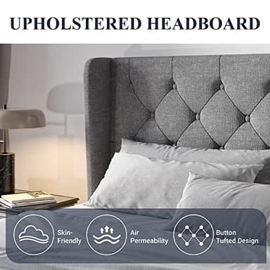 Allewie Queen Size Bed Frame with Button Tufted Wingback Headboard, Modern Upholstered Bed Frame with Solid Wooden Slats Support - No Box Spring Needed, Easy Assembly, Light Grey - Image 4