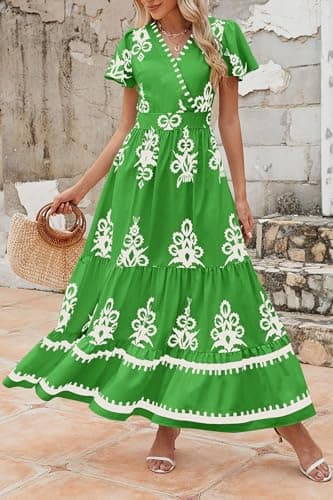 PRETTYGARDEN Womens 2025 Summer Casual V Neck Boho Maxi Dress Flowy Aline Bell Sleeve Tiered Floral Dresses with Pocket (Floral Green White,Small) - Image 8