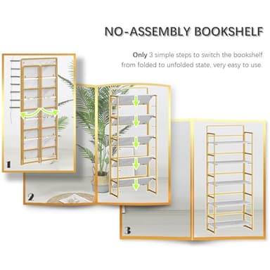 4NM No-Assembly 5 Tiers Folding Bookshelf Storage Shelves Vintage Bookcase Standing Racks Study Organizer Home Office (White Gold) - Image 6