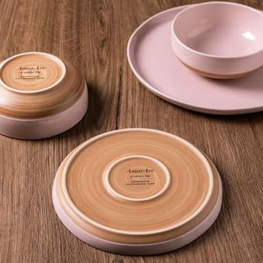 AmorArc Ceramic Dinnerware Sets for 4, 12 Pieces Handpainted Plates and Bowls Set with Rustic Terracotta Underside, Scratch Resistant Stoneware Dishes Set, Dishwasher & Microwave Safe, Cloud Pink - Image 3