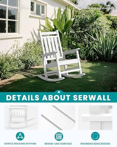 SERWALL Oversized Outdoor Rocking Chair, HDPE Rocker with Cushion, Patio Rocking Chairs for Porch, White Chair+Beige Cushion - Image 4