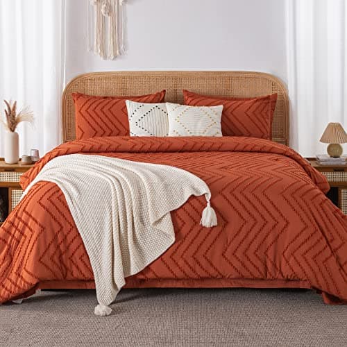 Litanika Queen Comforter Set with Sheets Burnt Orange - 7 Pieces Bed in a Bag Queen Boho Complete Bedding Sets Terracotta Rust Lightweight Bed Set with Comforter, Sheets, Pillowcases & Shams - Image 1