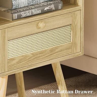 SUPERJARE Nightstands Set of 2, Night Stands with Charging Station & PE Rattan Decor Drawer, Bed Side Tables with Solid Wood Feet, End Table, for Bedroom, Living Room - Natural - Image 6