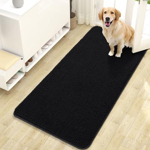OLANLY Dog Door Mat for Muddy Paws 47x24, Absorbs Moisture and Dirt, Absorbent Non-Slip Washable Doormat, Quick Dry Chenille Mud Mat for Dogs, Entry Indoor Entryway Carpet for Inside Floor, Black - Image 1