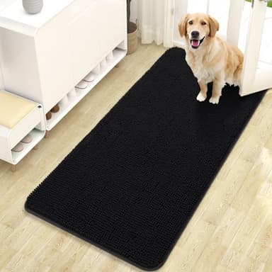 OLANLY Dog Door Mat for Muddy Paws 47x24, Absorbs Moisture and Dirt, Absorbent Non-Slip Washable Doormat, Quick Dry Chenille Mud Mat for Dogs, Entry Indoor Entryway Carpet for Inside Floor, Black - Image 1