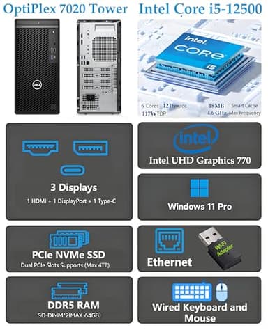 Dell OptiPlex 7020 Tower Business Desktop Computer, 32GB DDR5 RAM, 1TB PCIe SSD, Intel 6-Core i5-12500 (Beat i7-11700), DVDRW, WiFi Adapter, RJ-45, Type-C, HDMI, DisplayPort, Windows 11 Pro - Image 2