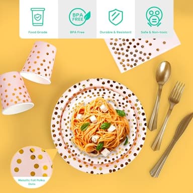 Pink and Gold Party Supplies - 350 PCS Disposable Dinnerware Set - Pink Paper Plates Napkins Cups, Gold Plastic Forks Knives Spoon for Graduation, Birthday, Cocktail Party - Image 3