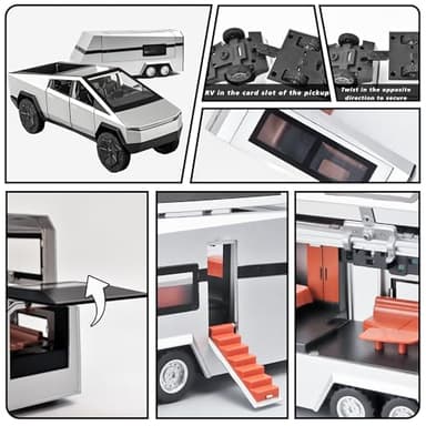Miortior Truck Toy, Car Toy with RV, Motorcycle Cybertquad and Truck, 1/32 Alloy Diecast Pickup Trailer Model Kit with Light and Sound, for Kids Aged 6 and Up - Silver - Image 6