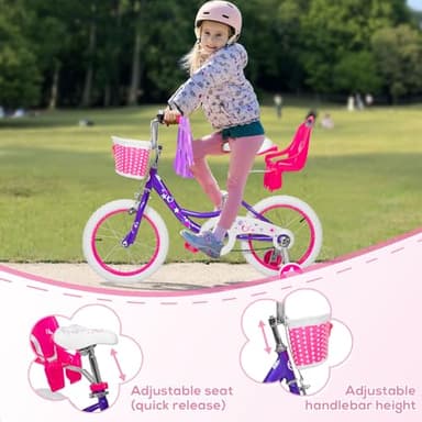 WEIZE Girls Bike for 3-5 Years Old Kids, 14 Inch Kids Bike with Training Wheels, Streamers, Basket and Doll Seat, Children Bicycles with Coaster Brake, Multiple Colors - Image 6