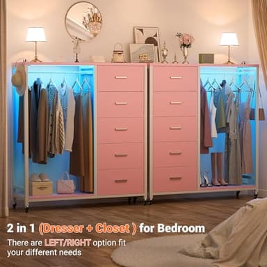 Cyclysio Dresser with Hanging Rack, 5 Fabric Drawers Dresser with Clothes Rack, Wooden Top Storage Chest of Drawers with Charging Station & LED Lights, Lockable Wheels, Closet - Image 7