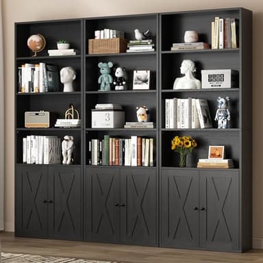 Shintenchi Bookshelf, Industrial Bookshelves and Bookcases with Doors Floor Standing 6 Shelf Display Storage Shelves 70.6 inches Tall Bookcase for Home Office, Living Room (Black) - Image 2