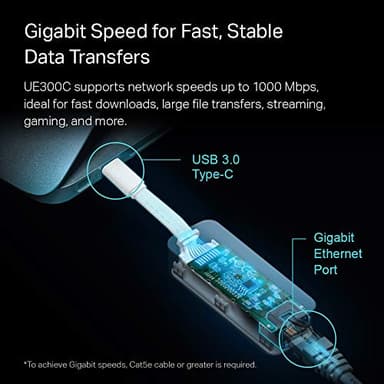 TP-Link USB C to Ethernet Adapter (UE300C), Portable 1Gbps RJ45 to USB-C 3.0 Network Adapter, Thunderbolt 3/4 Compatible, Compact, Plug & Play, for MacBook Pro/Air, iPad Pro, XPS, Galaxy, & More - Image 2