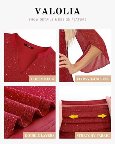VALOLIA Plus Size Tops For Women Dressy, Ladies Fall Blouses Festival Holiday Beautiful Flowing Tops Luxury Clothing For Women Casual Evening Outfits Sparkly Red X-Large - Image 4