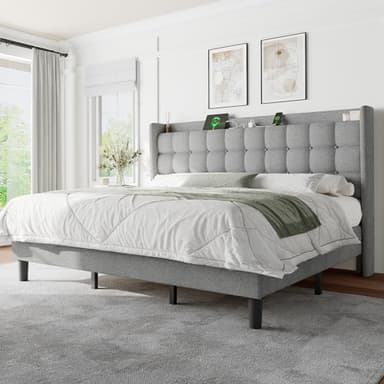 Feonase King Size Bed Frame with Charging Station, Upholstered Platform Bed with Wingback Storage Headboard, No Box Spring Needed, Noise-Free, Light Gray - Image 3