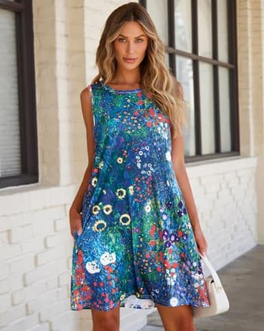 Summer T-Shirt Dress for Women Sleeveless Beach Bohemian Floral Sundress Tunic Swing Casual Loose Pockets(Blue Garden Floral,XL) - Image 2
