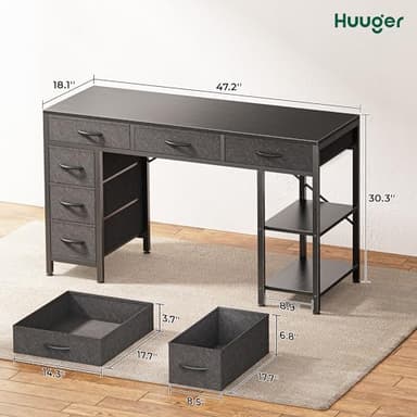 Huuger Computer Desk with 6 Drawers, 47 Inch Office Desk with Shelves, Reversible Gaming Desk, Corner Desk with Storage, Work Desk for Home Office, Study, Living Room, Black - Image 3